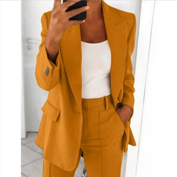 HOZADOIE Blazers Sets for Women Solid Color Dressy Lapel Button Long Blazer High Waisted Wide Leg Pants Suits Set Business Casual Office