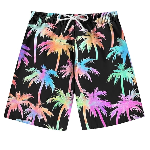 HOZADOIE Boys Swim Trunks with Compression Liner Hawaiian Coconut Tree Print Elastic Waist Drawstring Adjustable Waistband Casual Comfortable Bathing Suit with Pockets for 7-14 Years