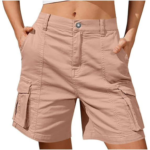 HOZADOIE Cargo Shorts for Women Stylish Solid Color Dress Shorts Button Zipper Waistband Comfortable Loose Straight Leg Lounge Shorts with Pockets