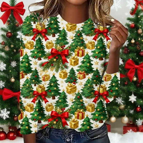 HOZADOIE Christmas Shirts for Women Christmas Festive Print Long Sleeve Casual Crew Neck Simple Versatile Pullover Shirts Top Fall Winter Style