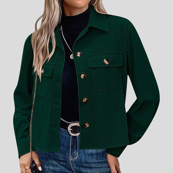HOZADOIE Cropped Button Down Shirts For Women Fashion Cropped Corduroy Shackets Button Down Jackets Tops Fall Fashion Long Sleeve Shirts