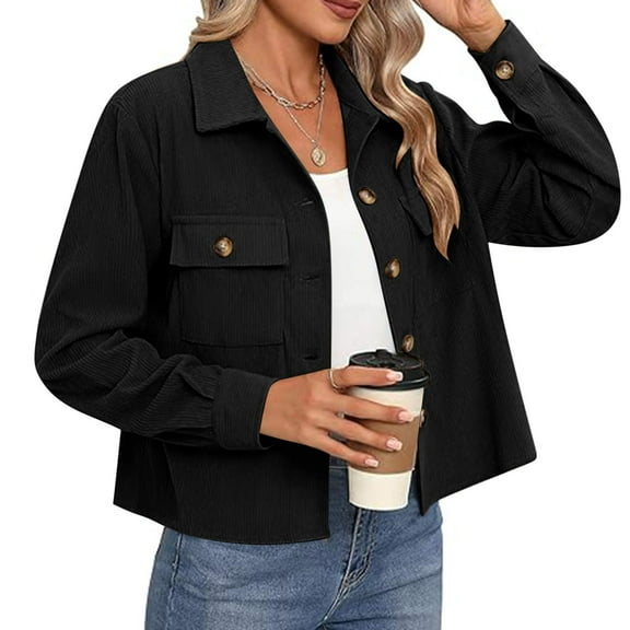 HOZADOIE Cropped Long Sleeve Tops For Women Corduroy Jackets Casual Long Sleeve Button Down Shirt Jacket Shacket Fashion Blazer Tops With Pockets