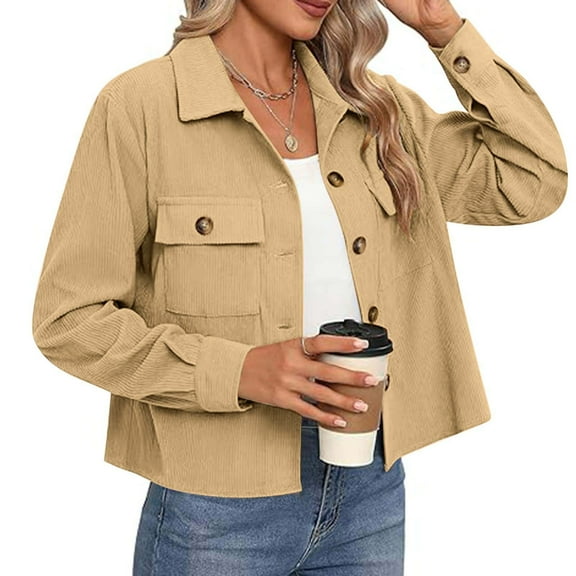 HOZADOIE Cropped Shirts For Women Fall Clothes Corduroy Button Down Shirts Casual Loose Long Sleeve Boyfriend Oversized Blouses Tops With Pockets