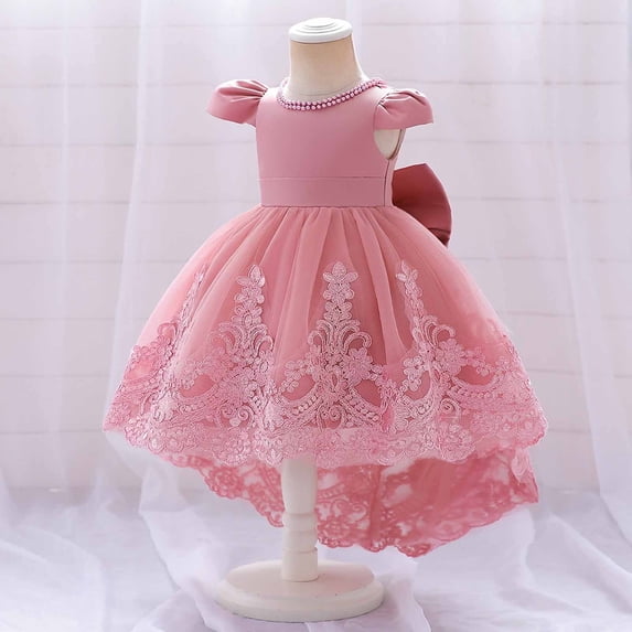 HOZADOIE Dresses for Girls Novel Floral Embroidery Flared Sleeves Asymmetrical Tulle Puffy Skirt Stylish Solid Color Pearl Crew Neck Hostess Bow Performance Princess Flower Formal Dress 4-14 Years