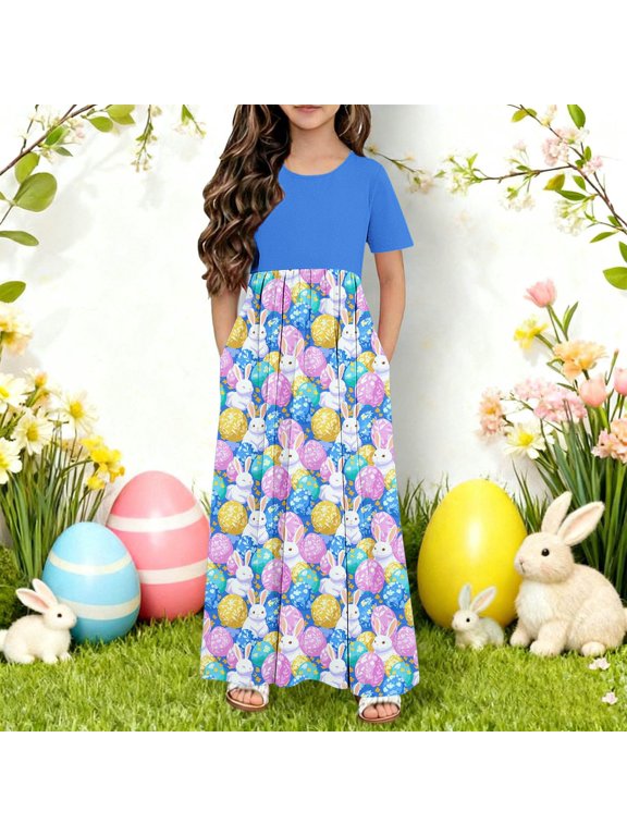 Girls Dress Easter Print Spring Summer Short Sleeve Color Block Patchwork Crew Neck Relaxed Comfortable PartyDresses with Pockets for 4-14 Years