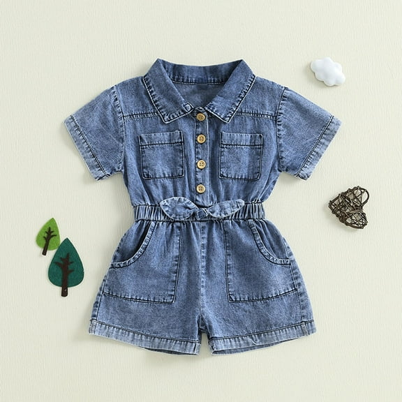 HOZADOIE Girls Jumpsuit Denim Jumpsuit Stylish Summer Solid Color Short Sleeves Button Elastic Waistband Casua Comfortable Jumpsuit with Pockets for 12 Months-4 Years