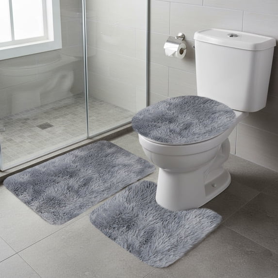 HOZADOIE Gray Bathroom Rugs Sets 3 Piece Non-Slip Bath Mat Water Absorbent Bath Rug Floor Mats Soft Washable Shower Rug with U-Shaped Contour Rug Toilet Lid Cover Home Decor Accessories