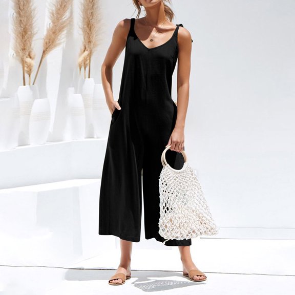 HOZADOIE Jumpsuits for Women Solid Color V Neck Sleeveless Flattering Summer Casual Overalls Rompers Beach Vacation Fashionable Jumpers