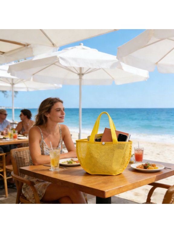 Large Beach Tote Bag for Women, Waterproof Seashell Beach Bag Rope-Handled for Travel Vacation Beach Essentials, Yellow
