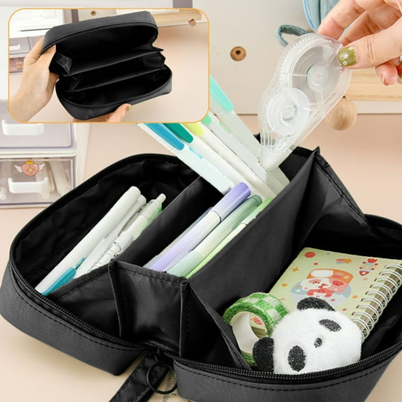 HOZADOIE Large Pencil Case, Wide Opening Pencil Pouch with Zipper, Multi-Layer Aesthetic Pen Bag, Portable Pen Holder (Black)