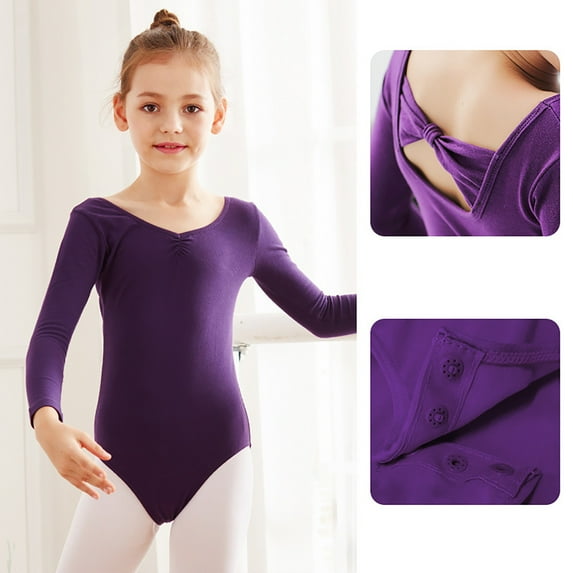HOZADOIE Leotards for Girls Pure Cotton Long Sleeve Ballet Practice Leotards Solid Color V Neck Ballet Button Split Comfortable Leotard Performance Costume 2-15 Years