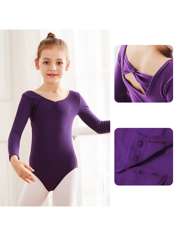 Leotards for Girls Pure Cotton Long Sleeve Ballet Practice Leotards Solid Color V Neck Ballet Button Split Comfortable Leotard Performance Costume 2-15 Years