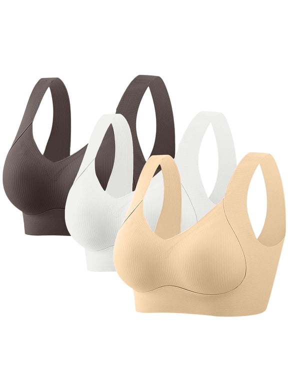 Lingerie Set for Women Plus Size No Underwire Seamless Everyday Bra Comfort Wireless Wide Straps Padded Soft Side Breast Reduction and Gathering Effect Support Bralette 3PC