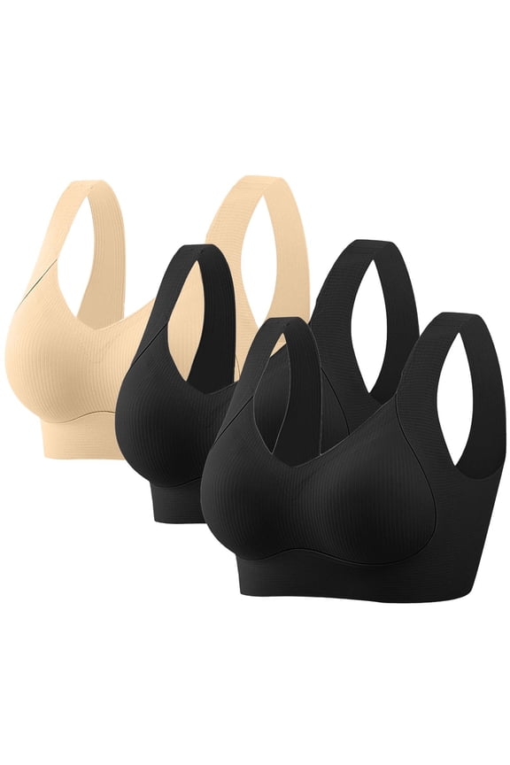 Lingerie Set for Women Plus Size No Underwire Seamless Everyday Bra Comfort Wireless Wide Straps Padded Soft Side Breast Reduction and Gathering Effect Support Bralette 3PC