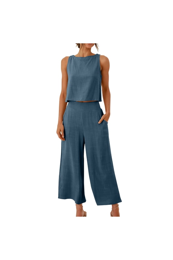 Lounge Sets for Women Cotton Linen 2 Piece Sets Spring Summer Crew Neck Sleeveless Crop Top Matching Breathable High Waisted Elastic Wide Leg Casual Pants with Pockets