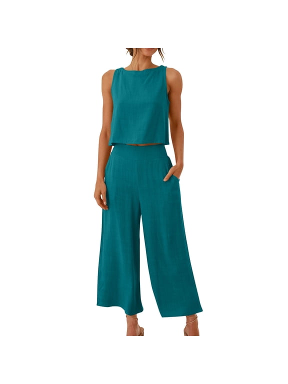 Lounge Sets for Women Cotton Linen 2 Piece Sets Spring Summer Solid Color Crew Neck Sleeveless Crop Top Matching Breathable High Waisted Elastic Wide Leg Casual Pants with Pockets