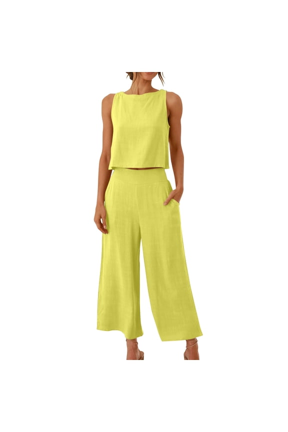 Lounge Sets for Women Cotton Linen 2 Piece Sets Spring Summer Solid Color Crew Neck Sleeveless Crop Top Matching Breathable High Waisted Elastic Wide Leg Casual Pants with Pockets