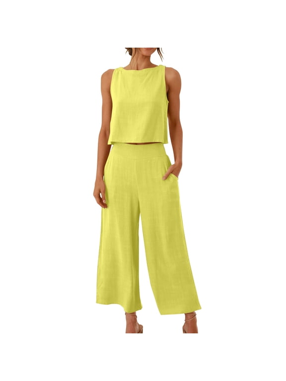 Lounge Sets for Women Cotton Linen 2 Piece Sets Spring Summer Solid Color Crew Neck Sleeveless Crop Top Matching Breathable High Waisted Elastic Wide Leg Casual Pants with Pockets