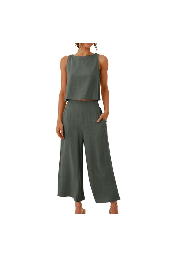 Lounge Sets for Women Cotton Linen 2 Piece Sets Spring Summer Solid Color Crew Neck Sleeveless Crop Top Matching Breathable High Waisted Elastic Wide Leg Casual Pants with Pockets