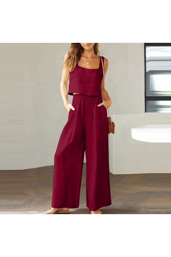 Lounge Sets for Women Cotton Linen Spring Summer 2 Piece Sets Solid Color Square Neck Sleeveless Tank Top Matching Wide Leg High Waisted Elastic Casual Pants with Pockets