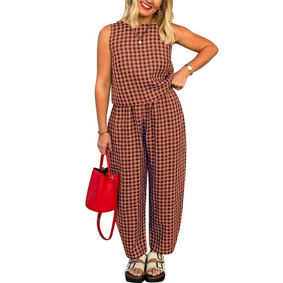 HOZADOIE Lounge Sets for Women Pure Cotton Plaid 2 Piece Sets Spring Summer Solid Color Crew Neck Sleeveless Tank Top Matching High Elastic Waisted Casual Pants with Pockets