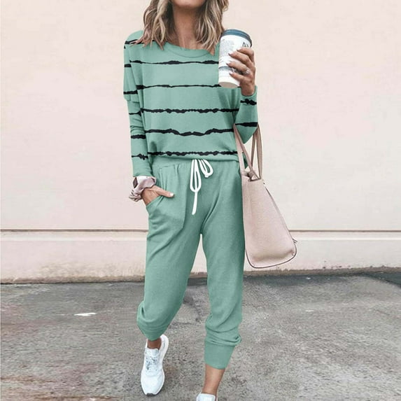 HOZADOIE Lounge Sets for Women Spring Summer 2 Piece Sets Wavy Stripe Color Block Plus Size Crew Neck Long Sleeve Shirt Elastic Drawstring Tapered Casual Pants Set with Pockets