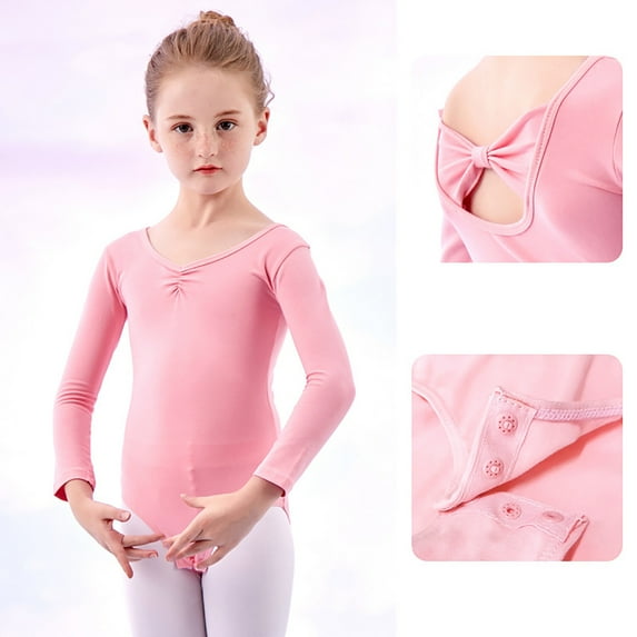 HOZADOIE Pink Ballet Leotards for Girls Pure Cotton Solid Color V Neck Long Sleeve Performance Costume Soft Ballet Button Split Practice Leotard for 2-15 Years