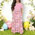 thumbnail image 1 of HOZADOIE Pink Girls Dress Easter Print Spring Summer Short Sleeve Color Block Patchwork Crew Neck Relaxed Comfortable Party Dresses with Pockets for 4-14 Years, 1 of 6