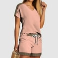 thumbnail image 1 of HOZADOIE Pink Two Piece Sets for Women Patterned Print Spring Summer Stylish Solid Color Short Sleeve V Neck Versatile T Shirt Top Elastic Drawstring Waist Casual Shorts Matching Sets, 1 of 5