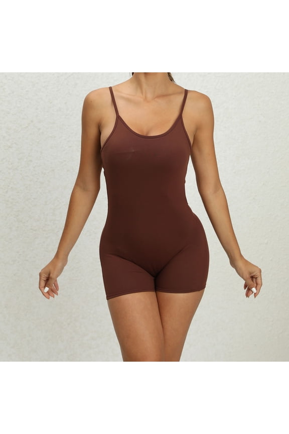 Rompers for Women Short Workout Romper Onesie Sleeveless Spaghetti Strap Seamless Built in Bra Workout Bodycon Summer Bodysuit Rompers Unitard Backless Yoga Outfits