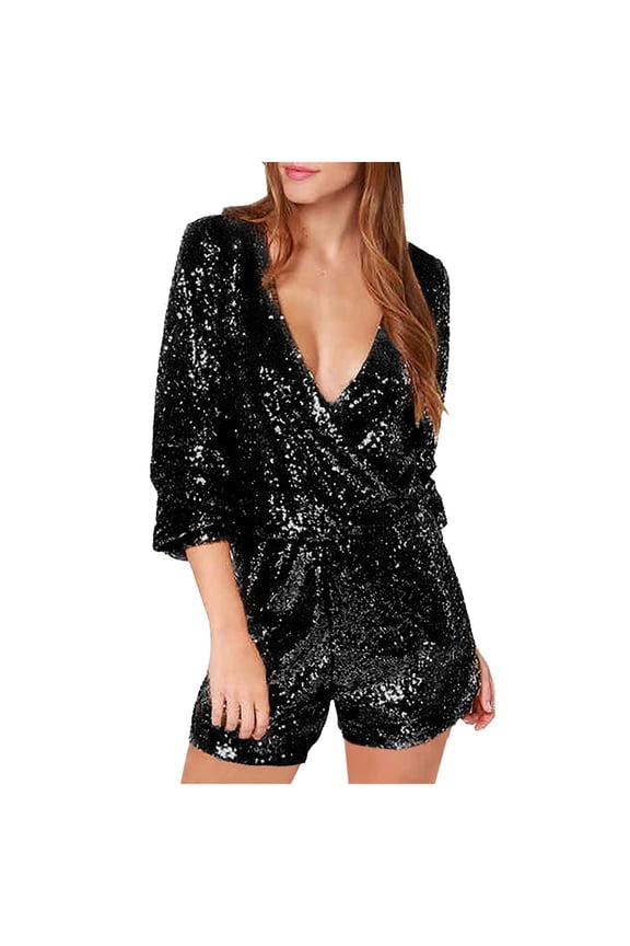 Short Sequin Jumpsuits for Women One Piece Short Sleeve Deep V Neck Lounge Loose Summer Bodysuit Rompers Fashion Outfits