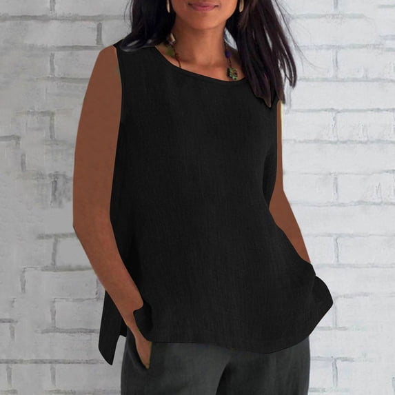 HOZADOIE Tank Tops for Women Cotton Linen Blend Spring Summer Stylish Sleeveless Solid Color Crew Neck Relaxed Daily Casual Wear Versatile Loose Fit Basic Tunic Shirts