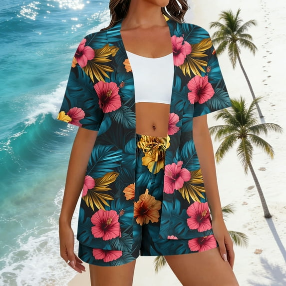 HOZADOIE Two Piece Sets for Women Beach Lounge Sets Stylish Hawaiian Print Color Block Short Sleeve Cardigan Elastic Drawstring Waist Shorts Summer Matching Set