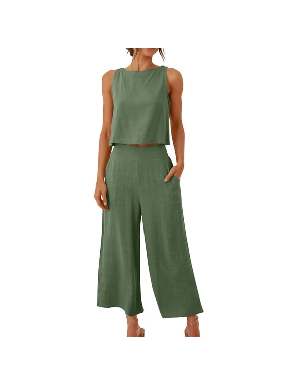 Two Piece Sets for Women Cotton Linen Lounge Sets Spring Summer Solid Color Crew Neck Sleeveless Crop Top High Waisted Elastic Wide Leg Casual Pants with Pockets