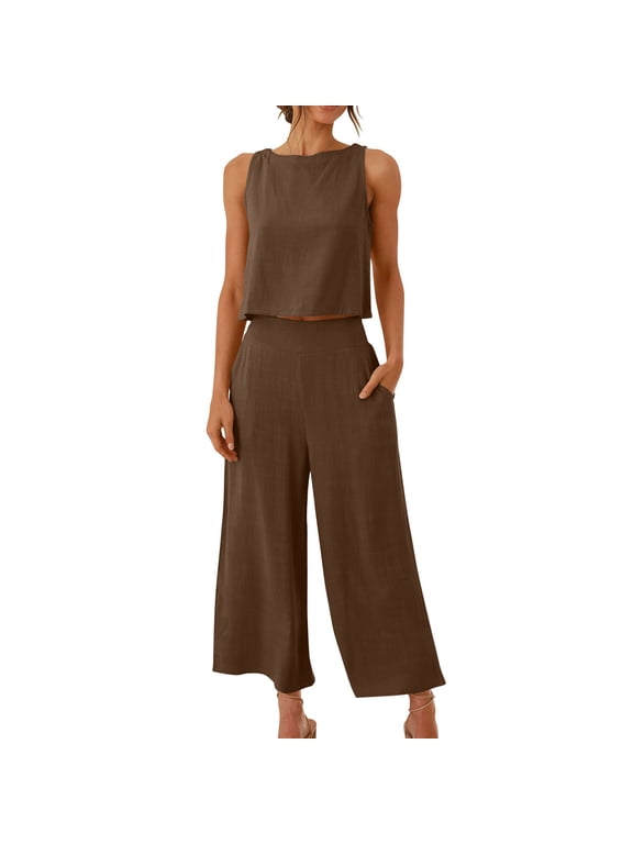 Two Piece Sets for Women Cotton Linen Lounge Sets Spring Summer Solid Color Crew Neck Sleeveless Crop Top High Waisted Elastic Wide Leg Casual Pants with Pockets