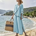 thumbnail image 1 of HOZADOIE Two Piece Sets for Women Flax V Neck Color Blocked Loose Three Quarter Sleeves Irregular Design Top Wide Leg Side Slit Pants Matching Set with Pockets Spring Summer Style, 1 of 9