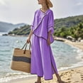 thumbnail image 1 of HOZADOIE Two Piece Sets for Women Flax V Neck Color Blocked Loose Three Quarter Sleeves Irregular Design Top Wide Leg Side Slit Pants Matching Set with Pockets Spring Summer Style, 1 of 9