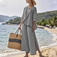 thumbnail image 1 of HOZADOIE Two Piece Sets for Women Flax V Neck Color Blocked Loose Three Quarter Sleeves Irregular Design Top Wide Leg Side Slit Pants Matching Set with Pockets Spring Summer Style, 1 of 9