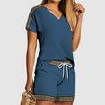 thumbnail image 1 of HOZADOIE Two Piece Sets for Women Patterned Print Spring Summer Stylish Solid Color Short Sleeve V Neck Versatile T Shirt Top Elastic Drawstring Waist Casual Shorts Matching Sets, 1 of 5