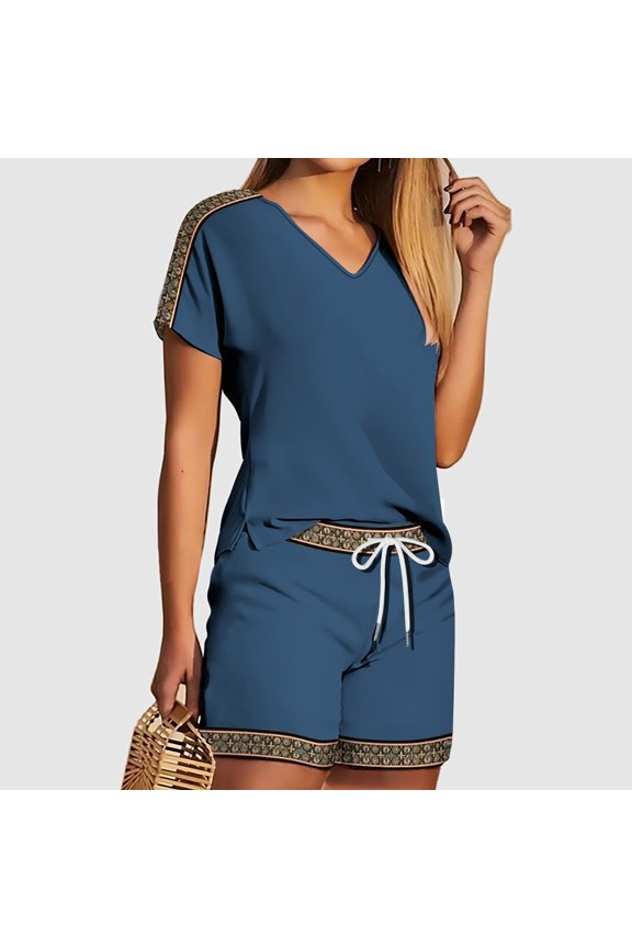 Two Piece Sets for Women Patterned Print Spring Summer Stylish Solid Color Short Sleeve V Neck Versatile T Shirt Top Elastic Drawstring Waist Casual Shorts Matching Sets