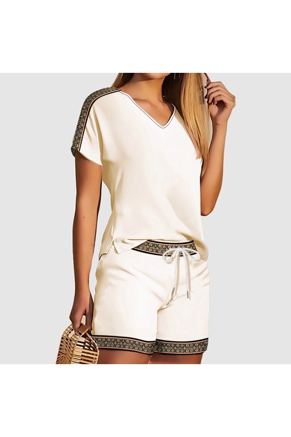 Two Piece Sets for Women Patterned Print Spring Summer Stylish Solid Color Short Sleeve V Neck Versatile T Shirt Top Elastic Drawstring Waist Casual Shorts Matching Sets