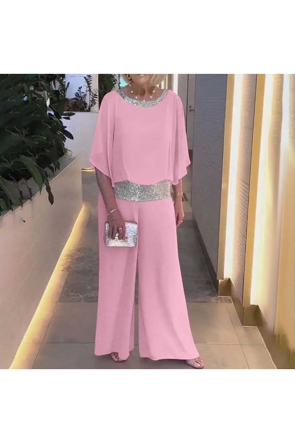 Two Piece Sets for Women Sequined Chiffon Patchwork Crew Neck Loose Short Sleeve Batwing Top Wide Leg Pants Set with Pockets Spring Summer Style