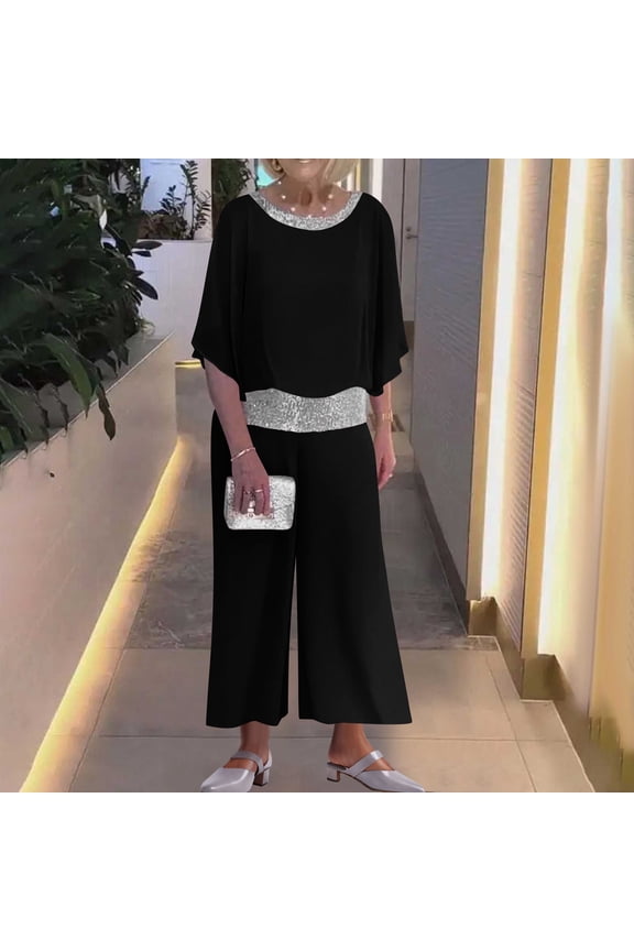 Two Piece Sets for Women Sequined Chiffon Patchwork Crew Neck Loose Short Sleeve Batwing Top Wide Leg Pants Set with Pockets Spring Summer Style