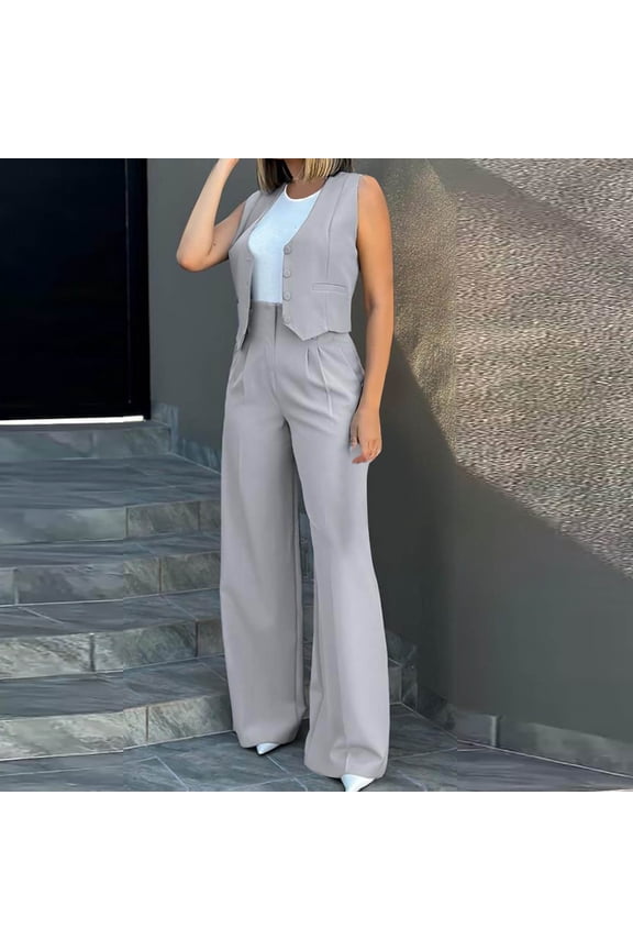 Womens Blazer Suits 2 Piece Set Business V Neck Sleeveless Button Front Blazer Vest Pleated Slightly Flared Wide Leg Blazer Pants Sleek Office Work Suit Set