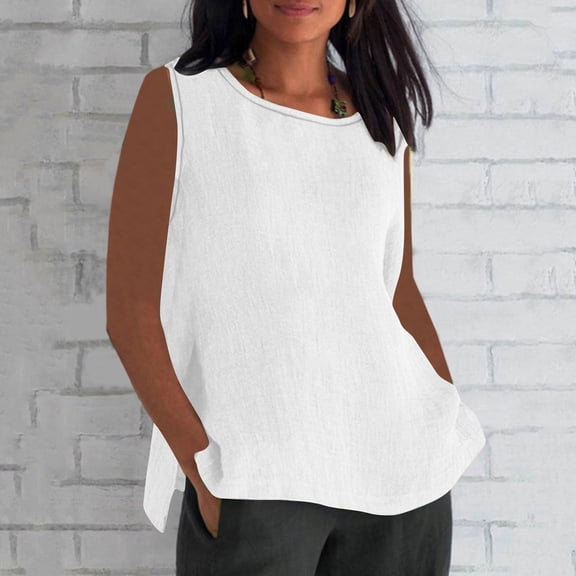 HOZADOIE Womens Tank Tops Cotton Linen Blend Sleeveless Solid Color Crew Neck Loose Spring Summer Versatile Daily Minimalist Casual Comfortable Basic Tunic Tops Blouse