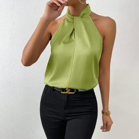 HOZADOIE Womens Tank Tops Satin Sleeveless Solid Color Halter Neck Casual Comfortable Camisole Daily Casual Comfortable Vacation Tunic Tops Blouse Spring Summer Versatile Style