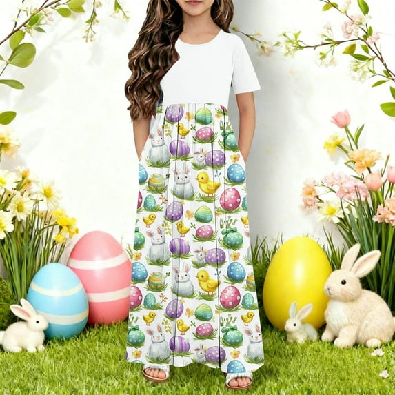 HOZADOIE white Girls Dress Easter Print Spring Summer Short Sleeve Color Block Patchwork Crew Neck Relaxed Comfortable Party Dresses with Pockets for 4-14 Years