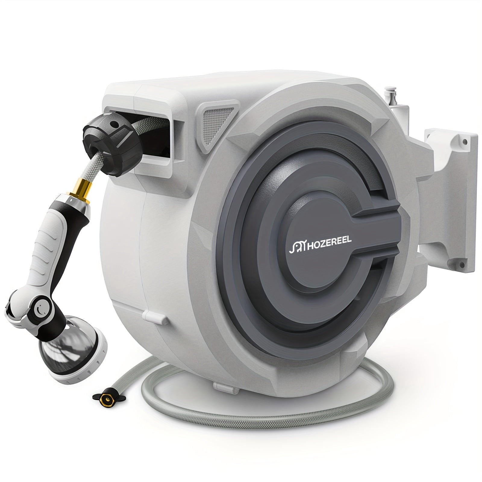 HOZEREEL 72-Ft x 5/8" Retractable Garden Hose Reel, Decorative Outdoor Garden Hose Reel—Automatic Retractable Wall-Mounted Hose Reel with Enclosed Storage, Lockable at Any Length, 10-Type Nozzle