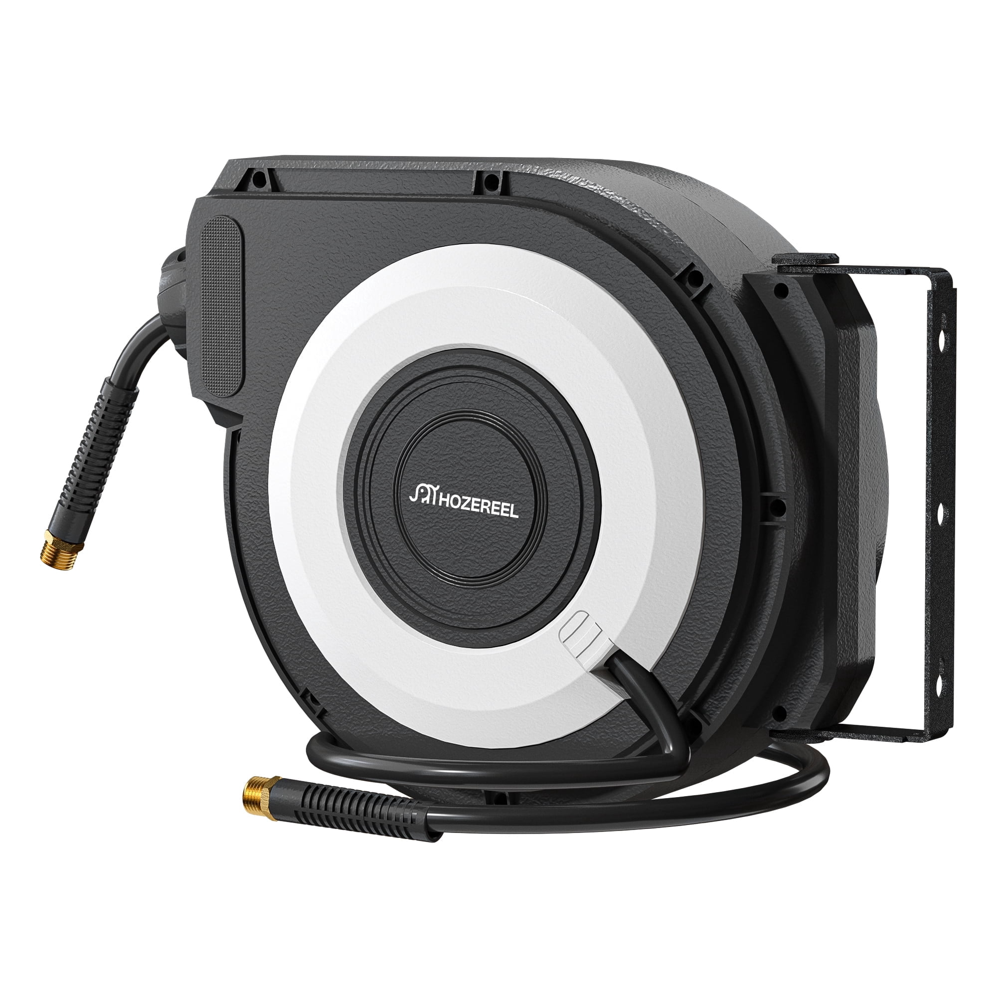 HOZEREEL Retractable Air Hose Reel, 3/8 Inch x 50+5 Ft Hybrid Hose Air Compressor Hose Reel in Max 300 PSI Design, 180°Swivel Bracket Quick Coupler(Black)