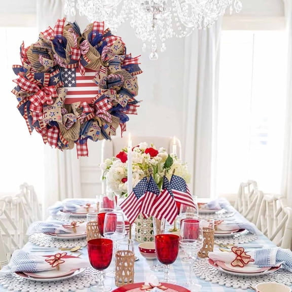HOZVOMI 17.8" Patriotic Wreaths for Front Door with American Flag 4th of July Independence Day Burlap Farmhouse Decorations for Wall Holiday Home Porch Decor